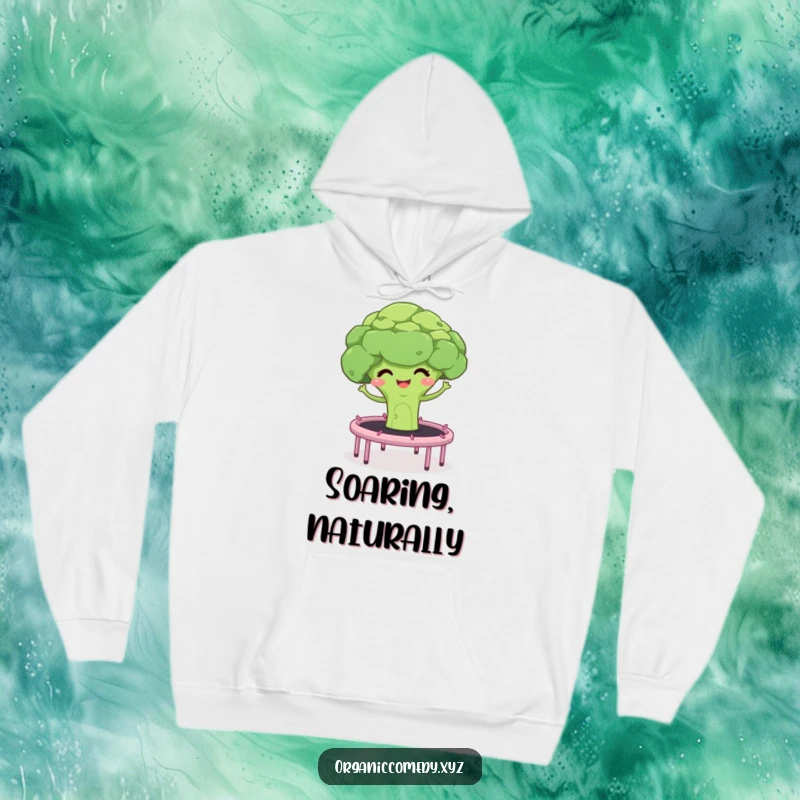 Funny hoodie featuring a giggling broccoli floret and stalks bouncing on a trampoline, comfortable and cheerful apparel.