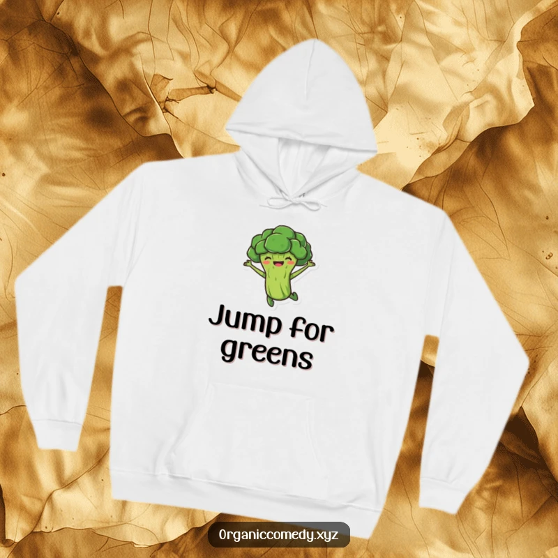 Funny, stubby broccoli character leaping with glee, depicted on a soft and warm hoodie.