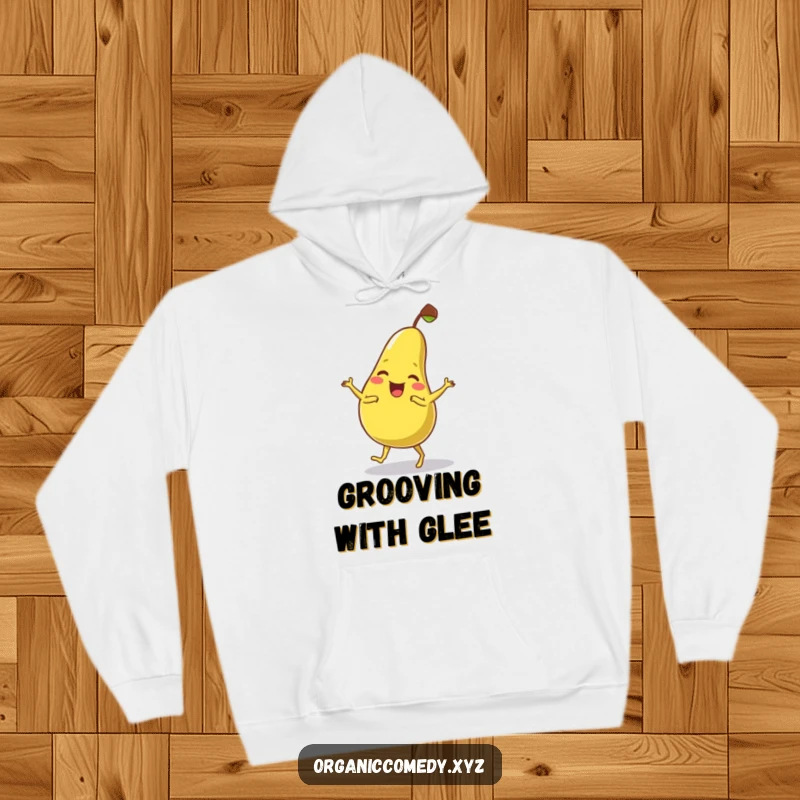 Funny, wobbly pear character giggling while dancing clumsily, depicted on a soft and warm hoodie.