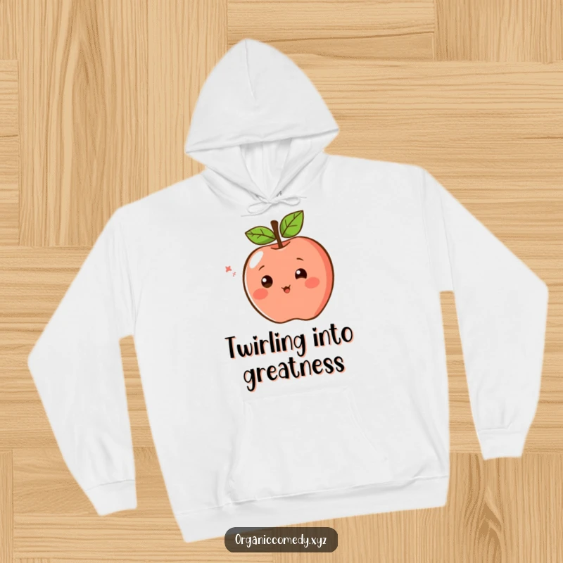 Funny Hoodie depicting a blushing apple character with simple eyes, caught in an excited, joyful spin, ideal for cool days.