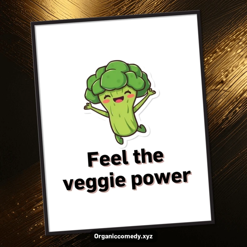 Funny Free Printable Wall Art: A smiling broccoli character leaping joyfully mid-air, adding a playful and energetic vibe to decor.