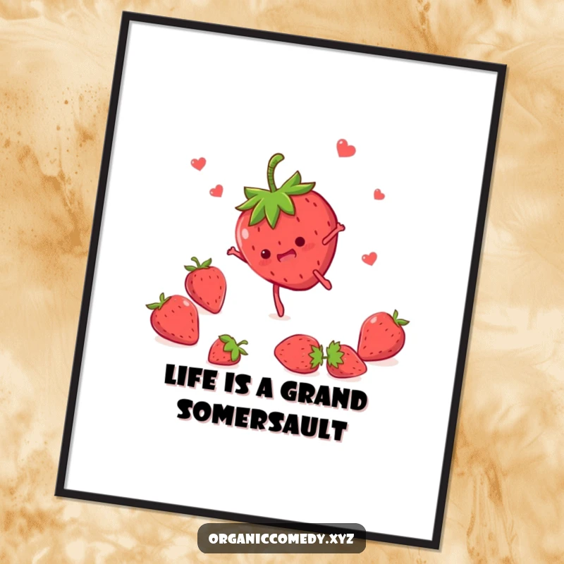 Funny Free Printable Wall Art: A happy strawberry with tiny legs doing a dynamic somersault, bringing playful energy to your decor.