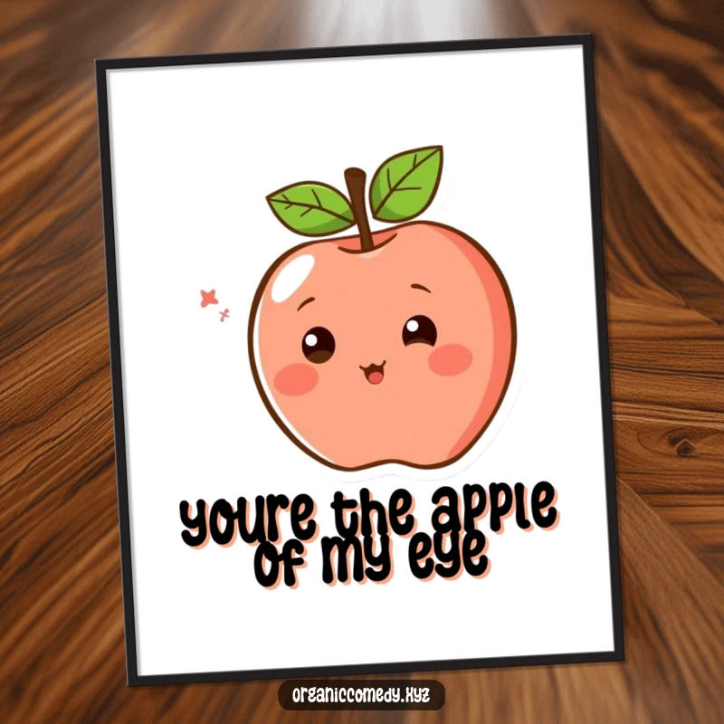 Funny Free Printable Wall Art of a blushing apple character with simple eyes spinning with excitement, adding a vibrant touch.