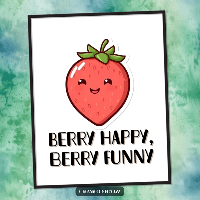 Funny Free Printable Wall Art of a smiling, round strawberry character joyfully bouncing, adding a cheerful and humorous touch to any room.