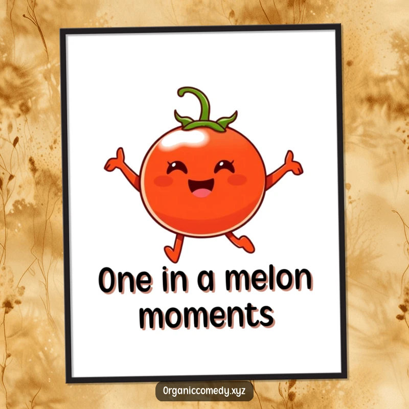 Funny Free Printable Wall Art of a cheerful, plump tomato character leaping mid-air with radiating happiness, perfect for a fun space.