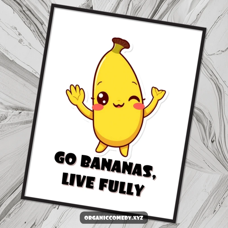 Funny Free Printable Wall Art: A bright yellow banana character with wide, mirthful eyes doing a silly wave, adding playful charm to decor.