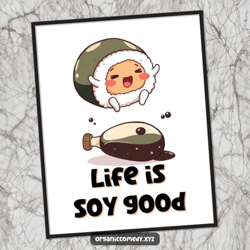 Funny Free Printable Wall Art: A cheerful sushi roll with feet leaps dynamically over a massive soy sauce bottle.