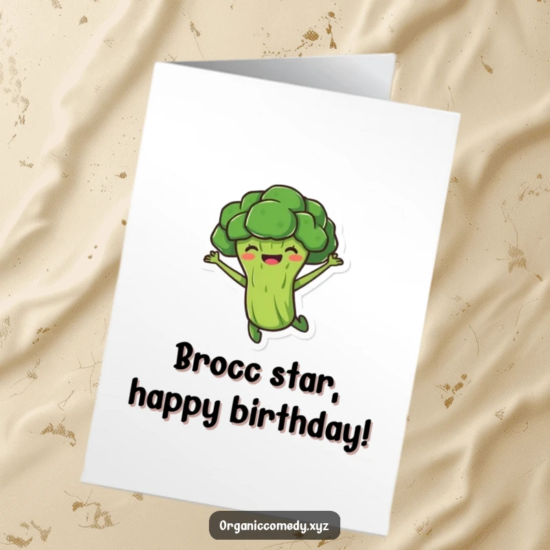 Funny Free Printable Birthday Card: A smiling broccoli leaping joyfully mid-air, radiating happiness and birthday cheer.