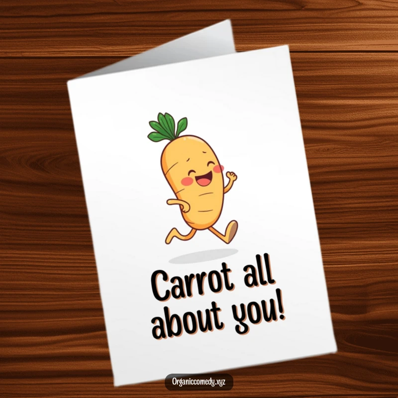 Funny Free Printable Birthday Card: A cheerful, round carrot with a big grin jogging enthusiastically, spreading birthday cheer.