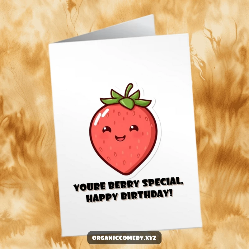 Funny Free Printable Birthday Card featuring a smiling, round strawberry character bouncing with pure joy, wishing a happy birthday.