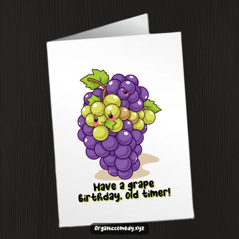 Funny Free Printable Birthday Card featuring a giggling bunch of grapes playfully tumbling down a slope, wishing a happy birthday.