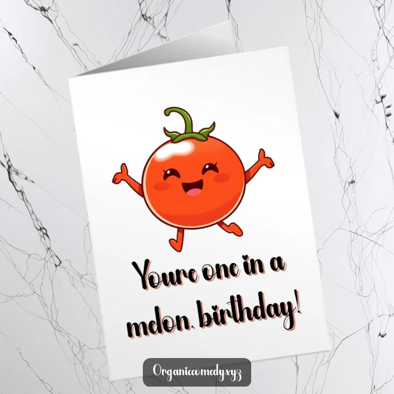 Funny Free Printable Birthday Card featuring a cheerful, plump tomato character leaping mid-air with immense happiness, perfect for birthdays.