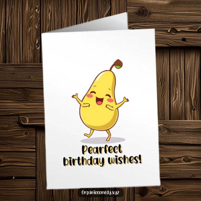 Funny Free Printable Birthday Card: A wobbly, giggling pear character attempting a clumsy, joyful dance move, full of birthday spirit.
