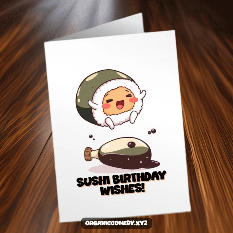 Funny Free Printable Birthday Card: A cheerful sushi roll with tiny feet leaps joyfully over a large soy sauce bottle.