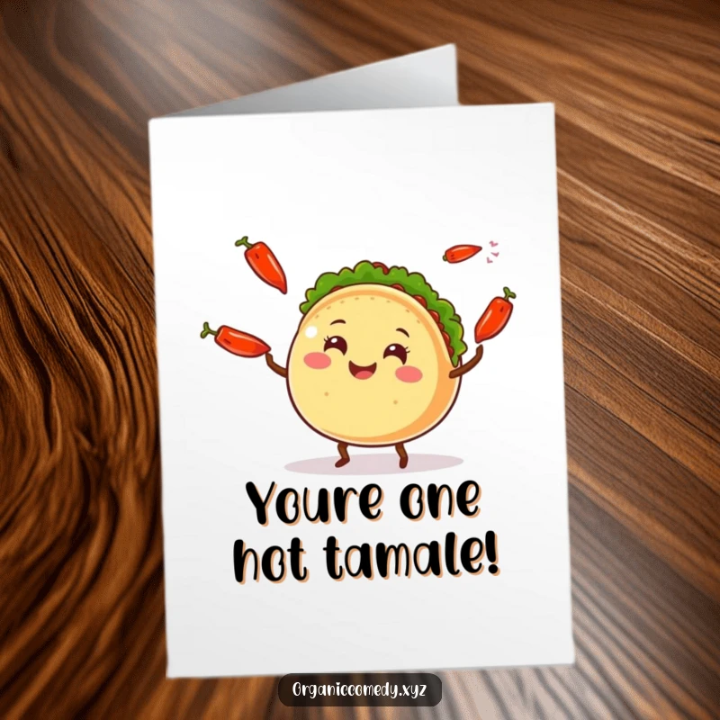 Funny Free Printable Congratulations Card: A happy taco character with small legs expertly juggles colorful chili peppers.