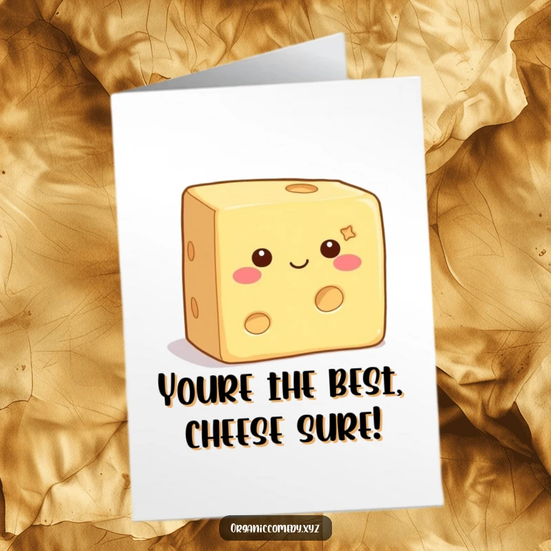 Funny Free Printable Congratulations Card portraying a happy square cheese block wiggling with joy to celebrate an accomplishment.