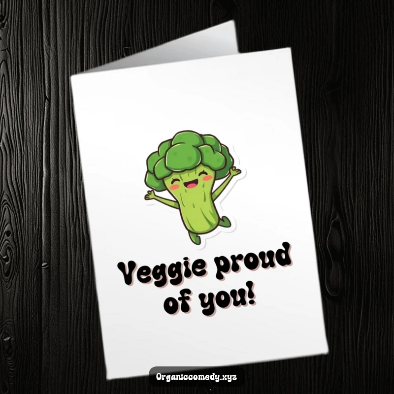 Funny Free Printable Congratulations Card: A stubby broccoli smiling and leaping joyfully in mid-air, celebrating an achievement.