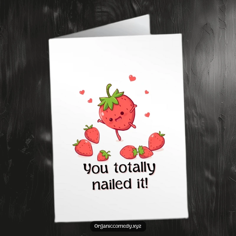 Funny Free Printable Congratulations Card: A happy strawberry with tiny legs performing an excited somersault, celebrating success.