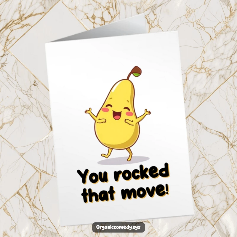 Funny Free Printable Congratulations Card: A wobbly, giggling pear character attempting a funny dance move, celebrating an achievement.