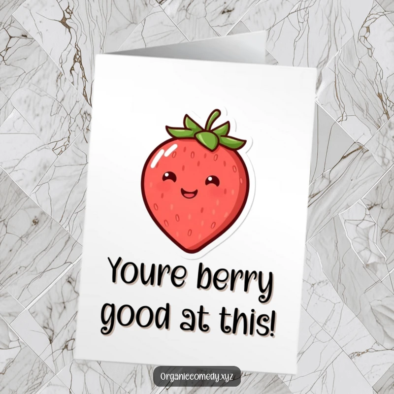 Funny Free Printable Congratulations Card showing a happy, round strawberry character bouncing with glee, celebrating a wonderful achievement.