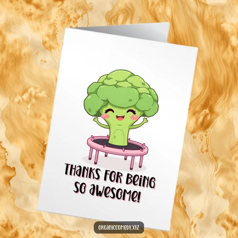 Funny Free Printable Thank You Card with a giggling broccoli floret bouncing on a trampoline, expressing joyful thanks.