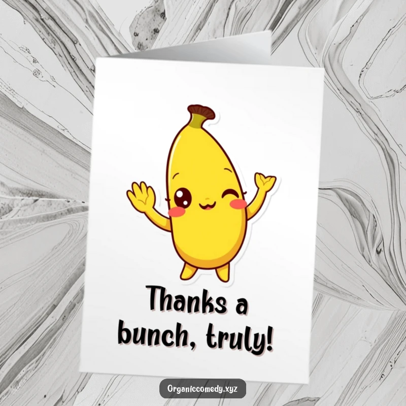 Funny Free Printable Thank You Card: A bright yellow banana character with wide, mirthful eyes doing a silly wave, conveying thanks.