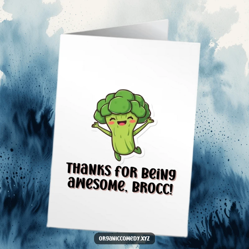 Funny Free Printable Thank You Card: A smiling, stubby broccoli character joyfully leaping mid-air, conveying thanks with enthusiasm.