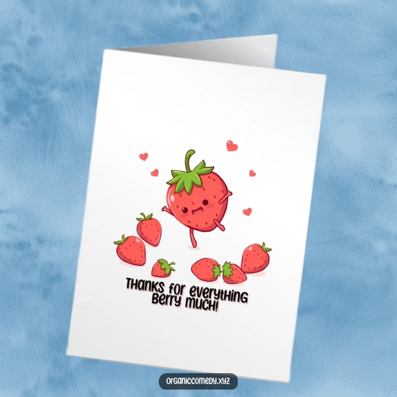 Funny Free Printable Thank You Card: A happy strawberry with tiny legs mid-somersault, conveying gratitude with a playful spirit.