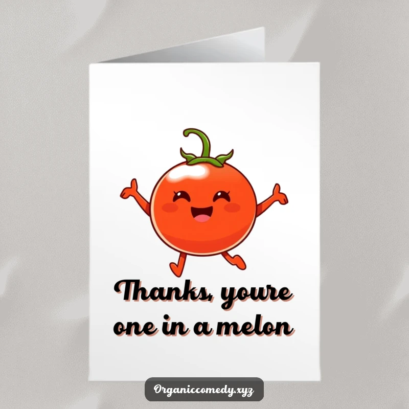 Funny Free Printable Thank You Card featuring a plump tomato character leaping with happiness, a comical way to express thanks.