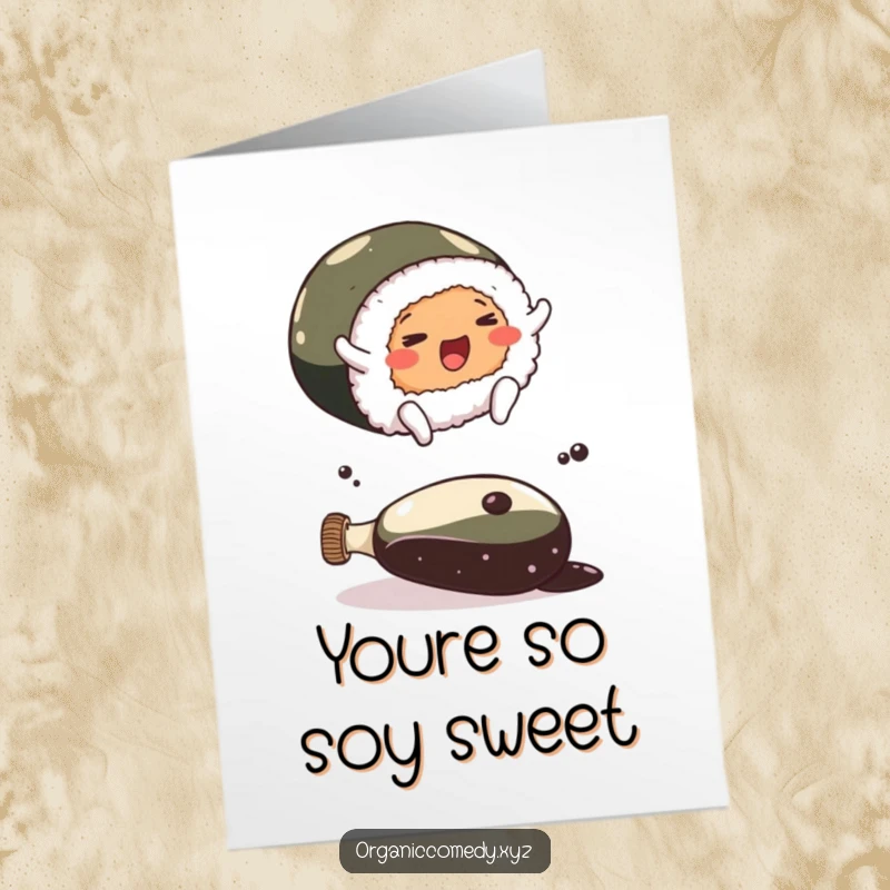 Funny Free Printable Thank You Card: A smiling sushi roll with tiny feet makes a daring leap over a soy sauce bottle.