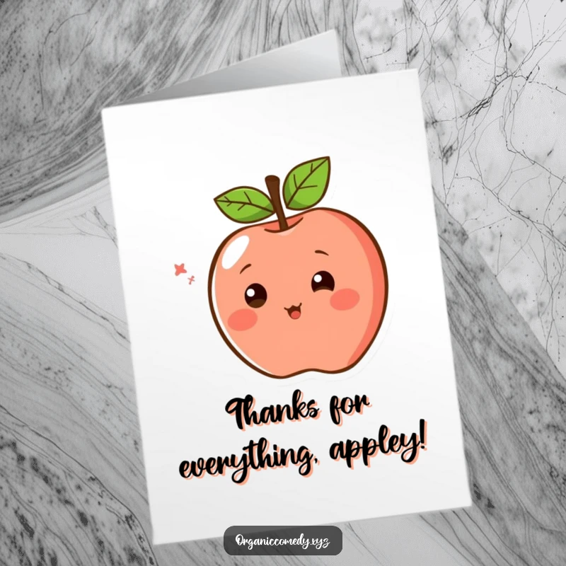 Funny Free Printable Thank You Card featuring a blushing apple character spinning excitedly to express heartfelt gratitude.