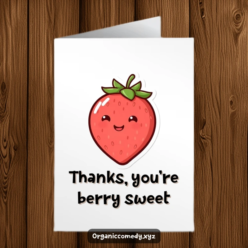 Funny Free Printable Thank You Card depicting a smiling, round strawberry bouncing joyfully, a sweet and comical thank you note.