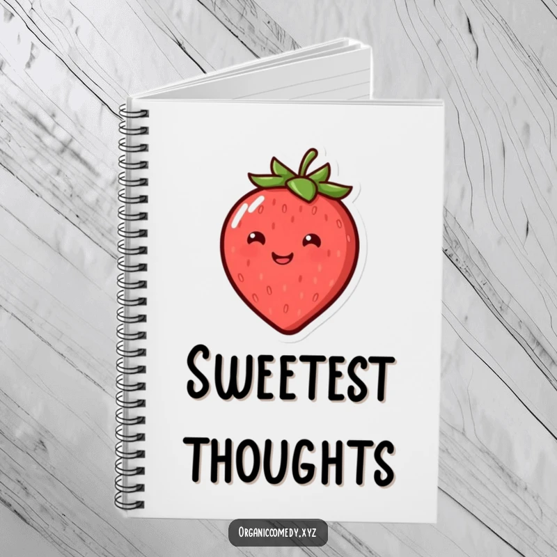 Funny, round, smiling strawberry character happily bouncing, featured on a humorous notebook cover.
