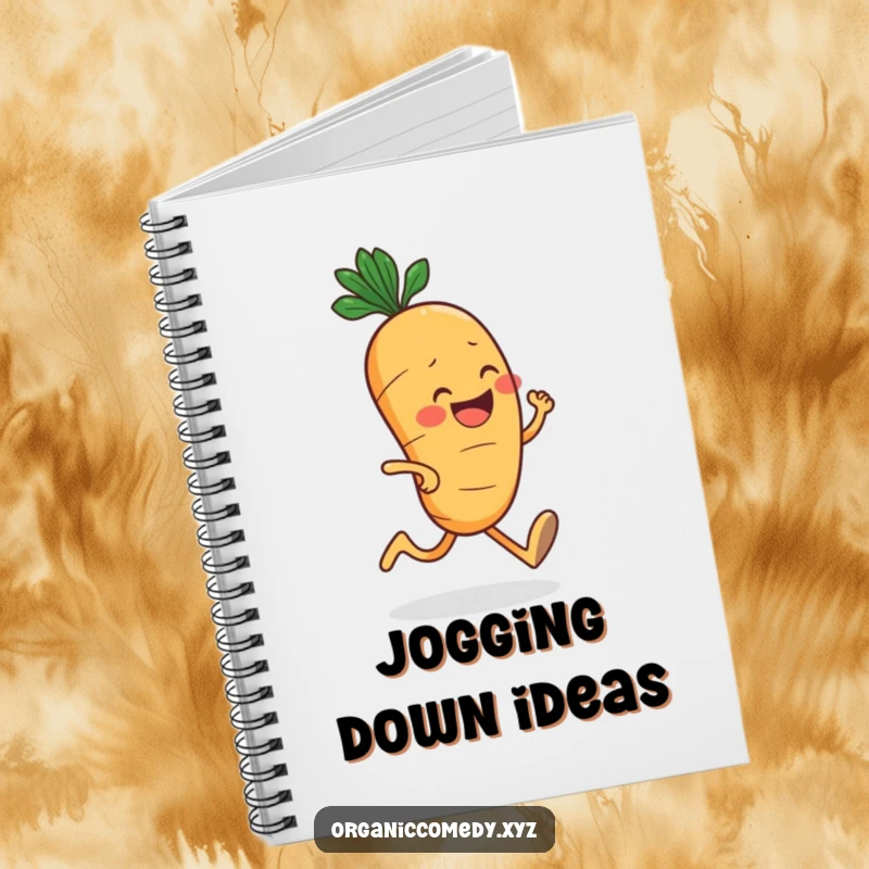 Funny, round carrot character with a big grin jogging enthusiastically, decorating the cover of a practical and cheerful notebook.
