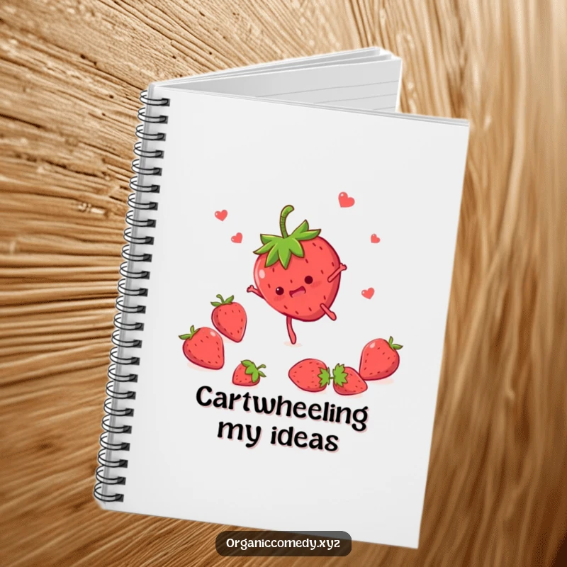 Funny strawberry character with tiny legs doing a somersault, decorating the cover of a handy notebook for everyday use.