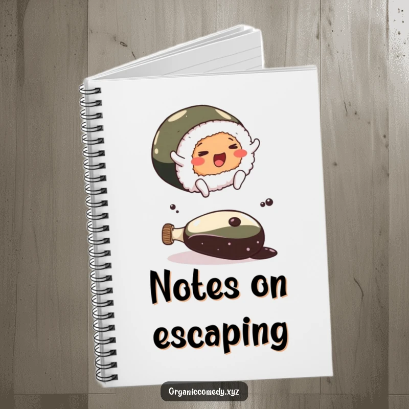Funny sushi roll character with small feet leaping over a large soy sauce bottle, a humorous and colorful notebook.