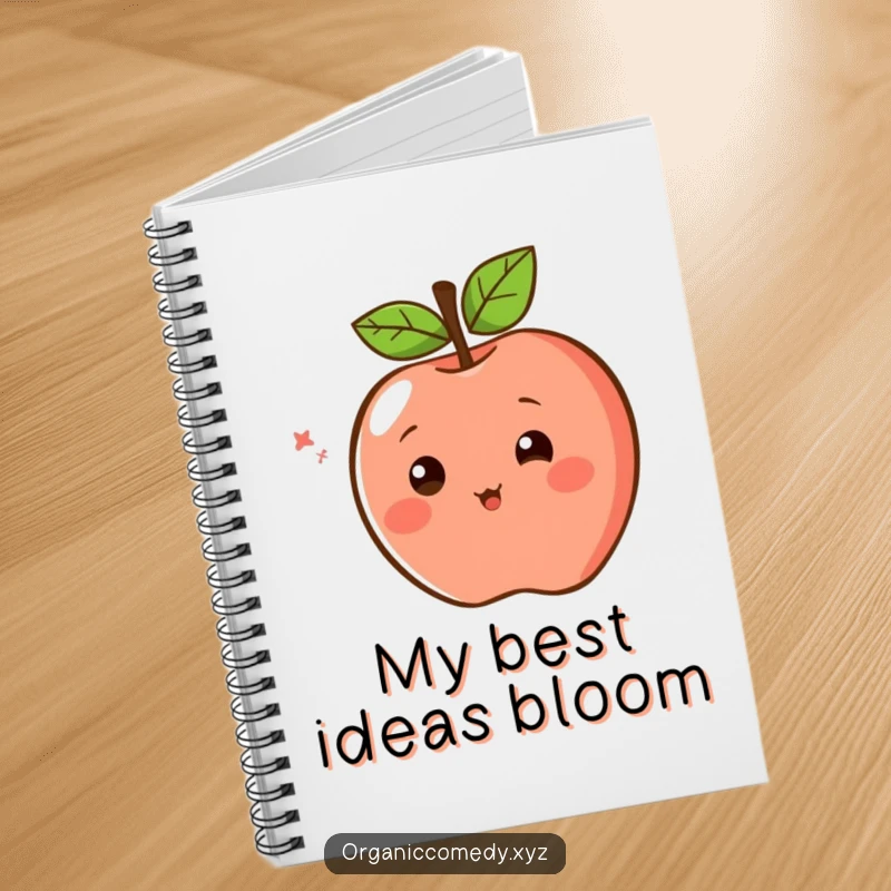 Funny Notebook featuring a blushing apple character with simple eyes, spinning excitedly, ideal for capturing bright ideas.