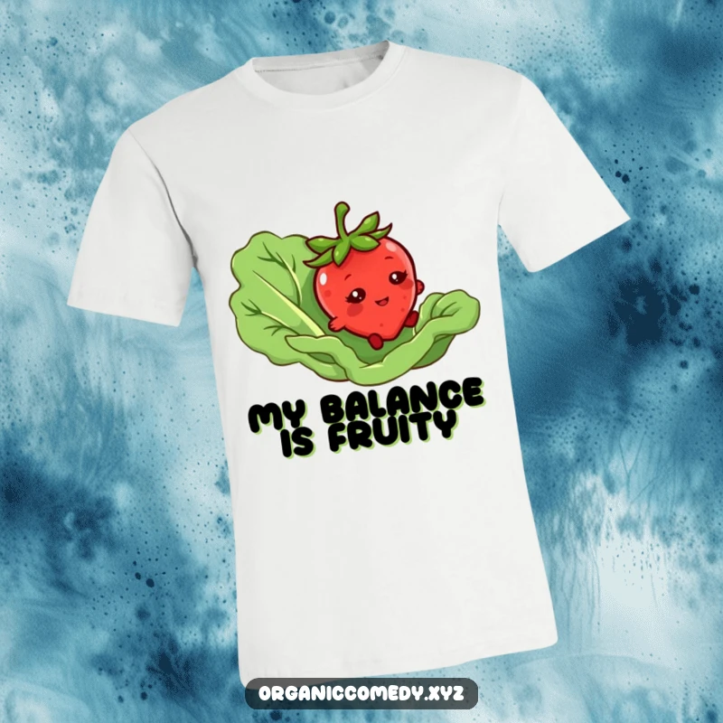 Funny t-shirt showcasing a bashful strawberry character hilariously tripping over a giant lettuce leaf, a comical food illustration.