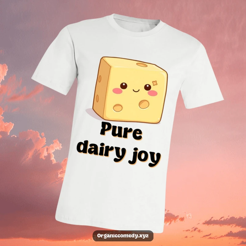 Funny T-Shirt showcasing a square, contented cheese block with tiny eyes wiggling in pure delight, a wearable joy bomb.