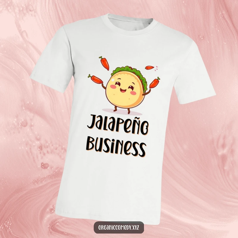 Funny round taco character with legs joyfully juggling spicy chili peppers, a vibrant and humorous food t-shirt.