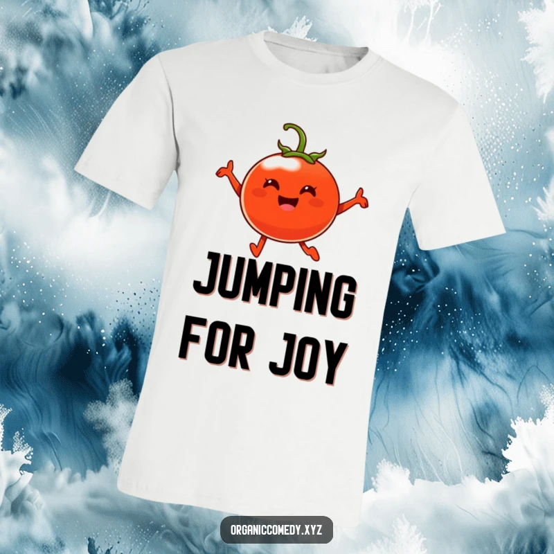 Funny, plump, cheerful tomato with tiny eyes leaping mid-air with happiness, printed on a t-shirt.