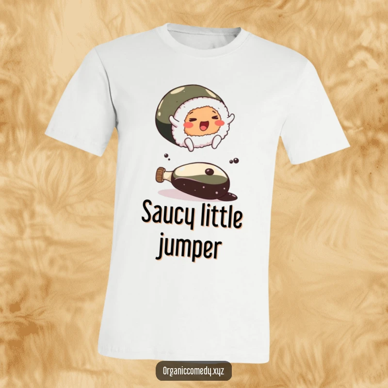 Funny sushi roll character with small feet leaping over a large soy sauce bottle, a humorous and energetic food t-shirt.