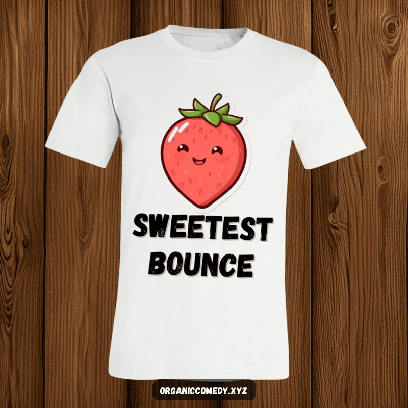 Funny, smiling, round strawberry with dot eyes bouncing with delight, printed on a t-shirt.