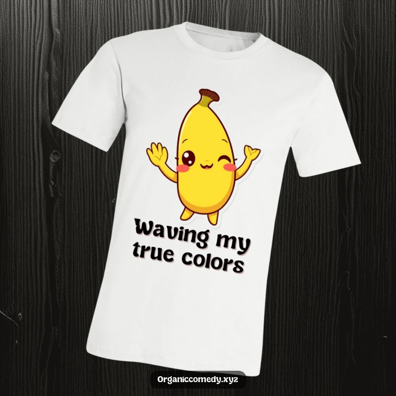 Funny, bright yellow banana character with eyes wide with mirth doing a silly wave, printed on a comfortable t-shirt.