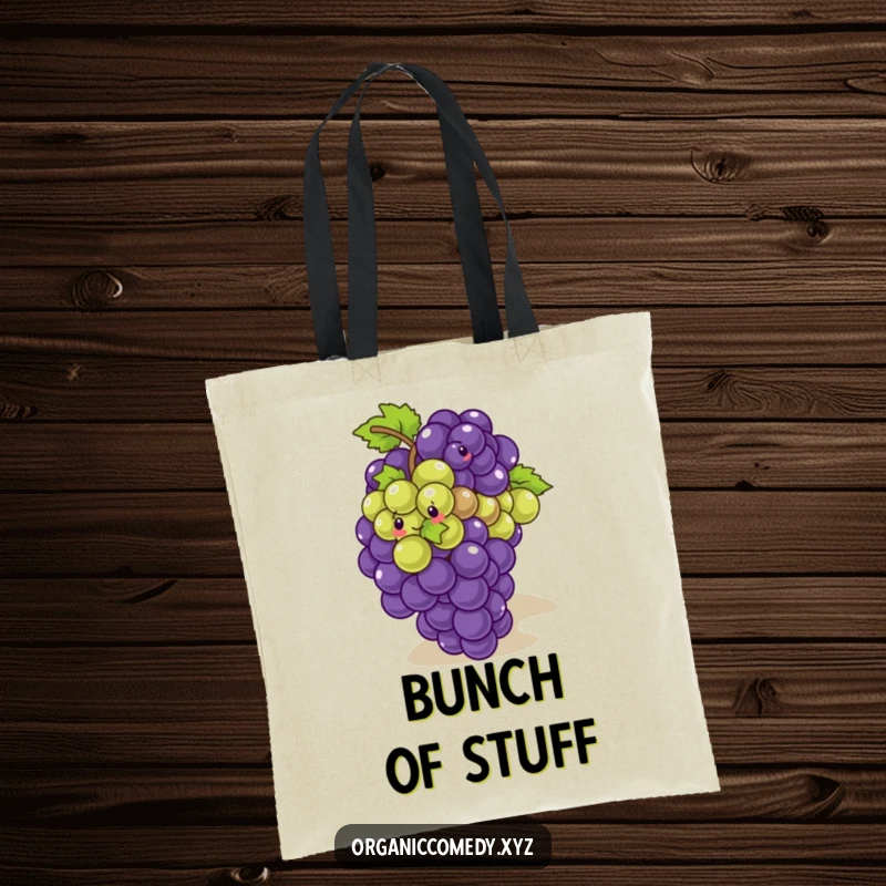 Funny, giggling bunch of grapes tumbling playfully down a slope, printed on a humorous tote bag.