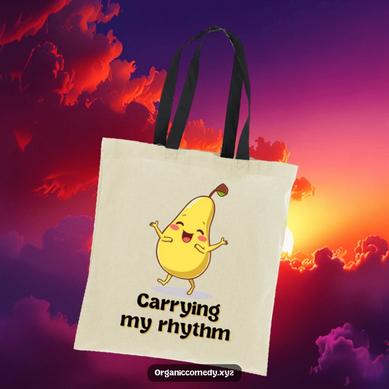Funny, wobbly pear character giggling and dancing clumsily, featured on a practical and amusing tote bag.