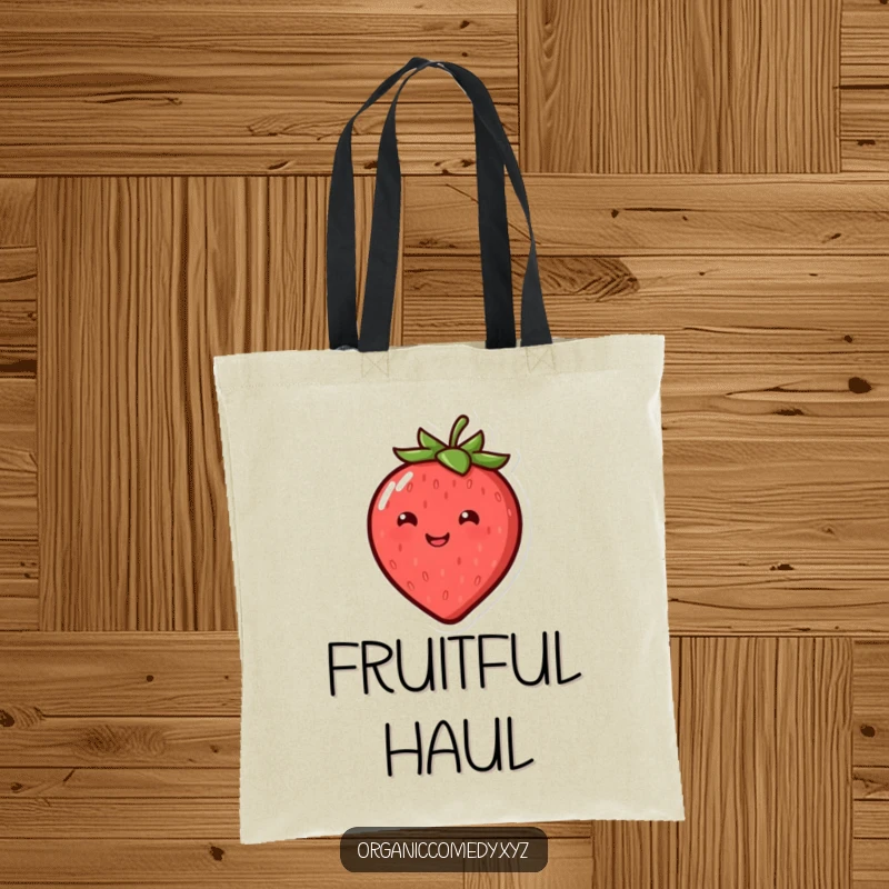 Funny, round, smiling strawberry character bouncing with joy, printed on a humorous tote bag.