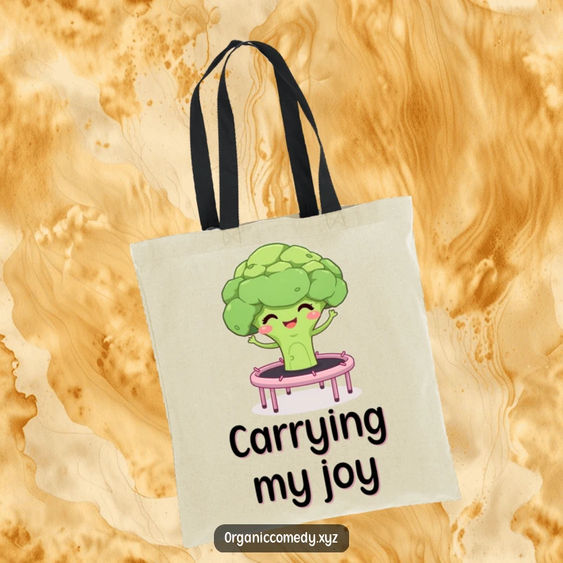 Funny tote bag with a giggling broccoli floret and stalks bouncing on a trampoline, a vibrant and practical bag.