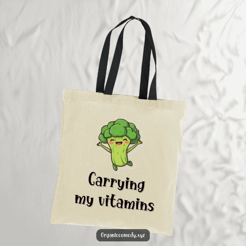 Funny, stubby broccoli character joyfully leaping mid-air, showcased on a practical and funny tote bag.