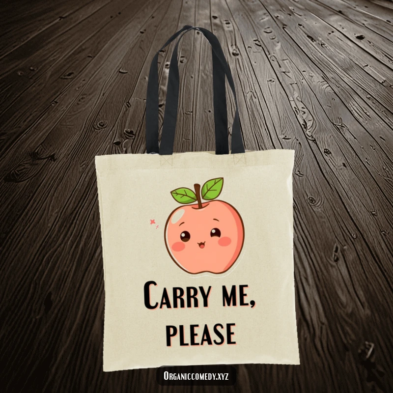 Funny Tote Bag with a blushing apple character, simple eyes focused, spinning with excitement, great for everyday use.